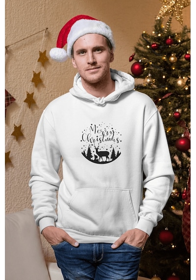 Marry Christmas Geyikli Yeni Yıl Kapşonlu Sweatshirt 001