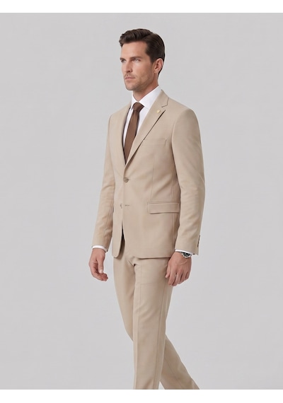 Tk6893 Erkek Klasik 2 Li Takım Elbise 2 Düğmeli Slim Fit Esnek Kumaş Çift Yırtmaçlı 7 Drop Bej