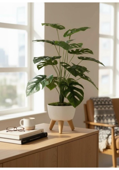 Yapay Çiçek Salon Bitkisi Monstera 70cm 18 Yaprak Beyaz Zigon Saksıda Yeşil