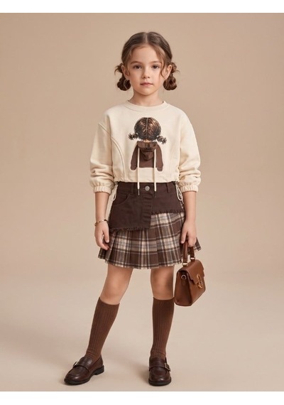 Zekids Kız Çocuk Baskılı Sweatshirt Ve Ekose Şort Etekli Takımı-17598 Çok Renkli