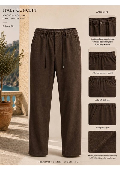 Danger Erkek Pamuk Viskon Kumaş Keten Görünümlü Kahverengi Slim Fit Pantolon - 216dngr