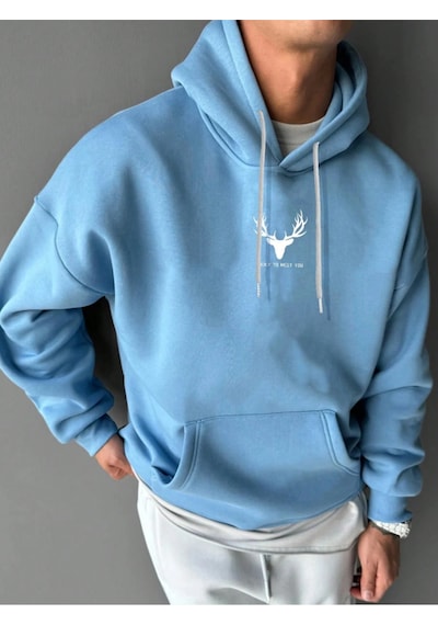 Startmore Mavi Unisex Kadın/erkek Deer Renkli Özel Baskılı Pamuklu Oversize Kapüşonlu