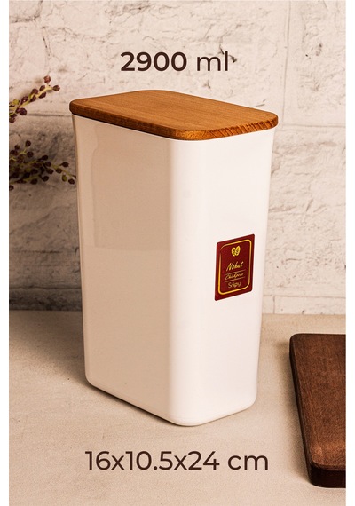 Snippy Cube - 6'lı Vakumlu Ahşap Kapaklı Etiketli Plastik Saklama Kabı Baharatlık Saklama Organizeri 2900ml Beyaz
