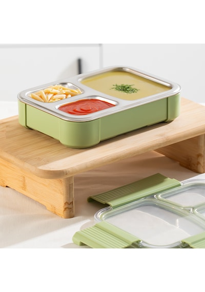 Porsima Bl25238 Isı Yalıtımlı Paslanmaz Çelik Sızdırmaz Silikon Kapak 3 Bölmeli Vakumlu Yemek Termosu Beslenme Kutusu Taşınabilir Lunch Box Sefer Tası Yeşil