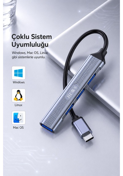 Type-c 4 Port Usb Hub Çoklayıcı, 1 Usb 3.0 Ve 3 Usb 2.0 Girişli Otg Adaptör, Klavye Mouse Usb Bellek Harici Disk Uyumlu, Alüminyum Gövde, Mac Windows Linux N613
