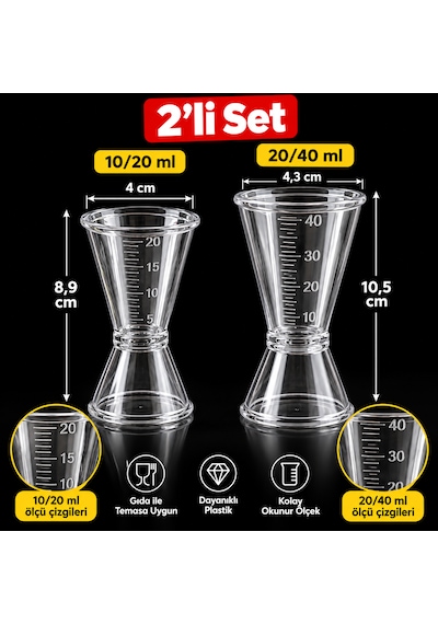 Polikarbon Kokteyl Ölçü Kabı Jigger 2 Li Set 10/20 Ml + 20/40 Ml