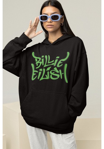 Sevbano Tasarım Billie Eilish Baskılı Unisex Oversize Tasarım Şarkıcı Hoo Siyah