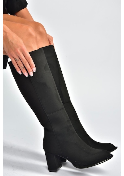Fox Shoes V590179602 Siyah Süet Kalın Topuklu Klasik Kadın Çizme Siyah-Süet