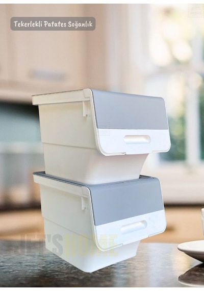 4 Lü Tekerlekli Patateslik Soğanlık Bpa Free Erzak Kutusu Sebzelik Oyuncaklık Gri 48 Lt Gri-beyaz