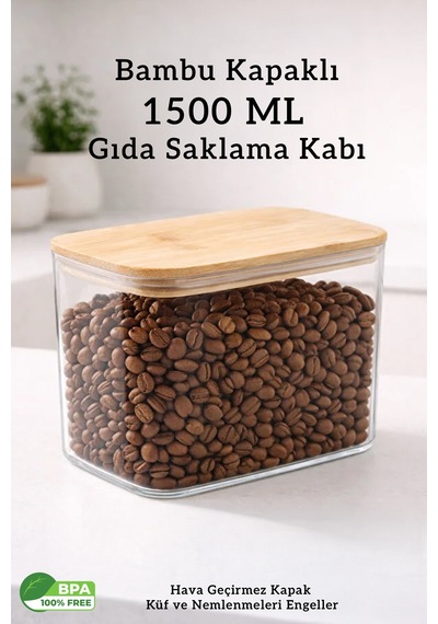 Bambu Kapaklı Dikdörtgen Hava Geçirmez Çok Amaçlı Gıda Erzak Bakliyat Saklama Kabı - 1500 Ml Şeffaf