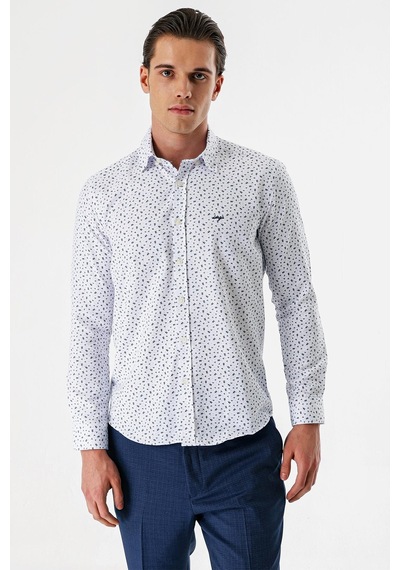 İmza Beyaz Uzun Kollu Baskılı Bez Ayağı Düğmeli Yaka Cepsiz Pamuklu Slim Fit Gömlek 1004235170 Duman Beyaz