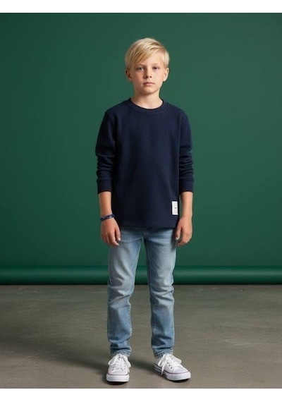 Zekids Erkek Çocuk Pamuklu Dokulu Kumaş İnce Uzun Kollu Sweatshirt-16630 Lacivert
