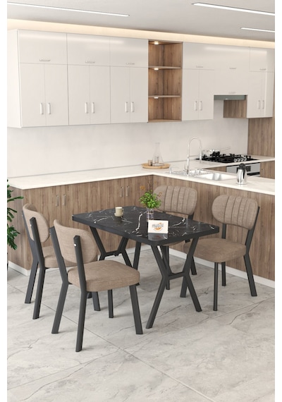 Gnr 70x110cm Sabit Siyah Mutfak Masası Takımı, Yemek Masası, 4 Modern Cappucino Sandalye Cappuccino