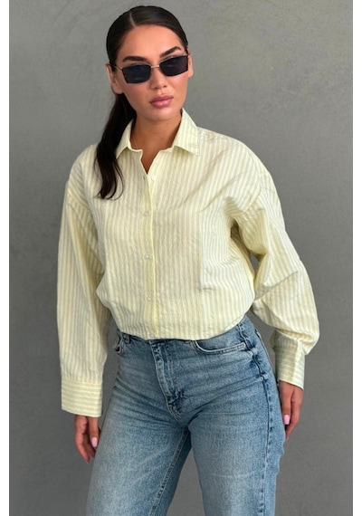 Madmext Sarı Çizgili Oversize Kadın Gömlek Mg2732