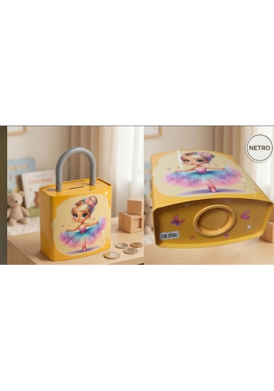 Kilit Şeklinde Dev Boy Kumbara 26x17 Cm Hediyelik Metal Kumbara Kapaklı Kolay Açılabilir Model 2 Li Tavşan Sarı