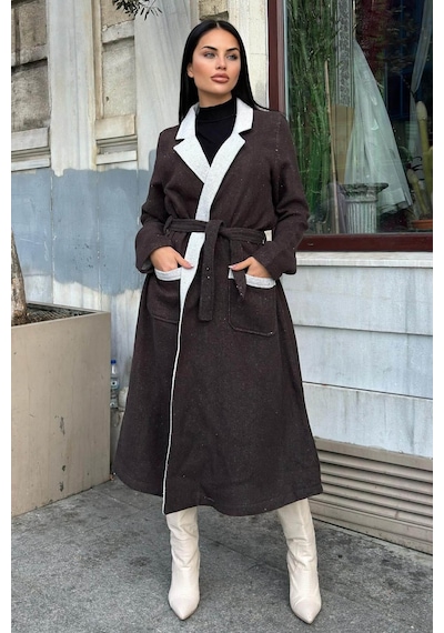 Kahverengi Çift Taraflı Kruvaze Yaka, Kuşaklı, Yumoş Dokulu, Duble Kaşe Uzun Ceket Kahve