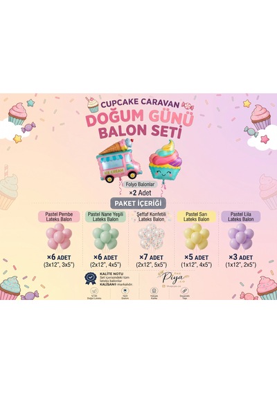 Cupcake Caravan Temalı Balon Seti 42 Parça Karışık Çok Renkli