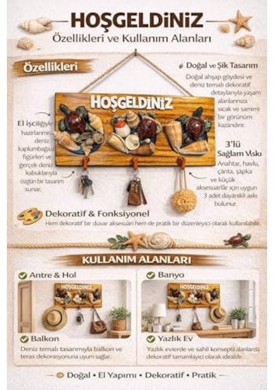 Deniz Kabuklu Ve Kaplumbağa Figürlü Ahşap Duvar Anahtarlığı, Hoşgeldiniz Yazılı Dekoratif Askılık, Giriş Holü Kapı Süsü Ev Dekoru. Acı Kahverengi