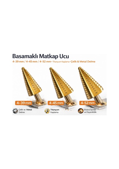 Senbang Basamaklı Matkap Ucu 4 39 / 4 45 / 4 52 Mm Titanyum Kaplama Çelik & Metal Delme