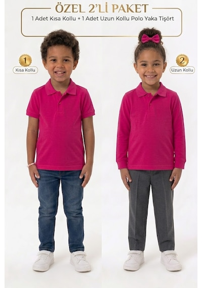 Nacar Store Unisex Çocuk Uzun Ve Kısa Kollu Polo Yaka Okul Tişörtü 2'li Set Fuşya