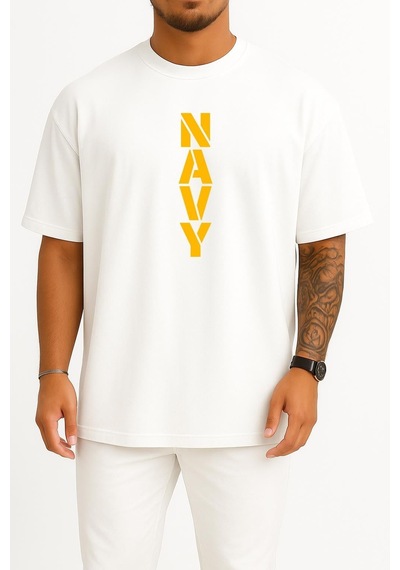Bahriyeli Collection Oversize Vert Navy Göğüs Ve Sırt Baskılı Unisex T-shirt Beyaz