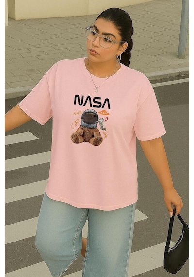 Büyük Beden Nasa Ayıcık Baskılı Unisex Tişört Pembe