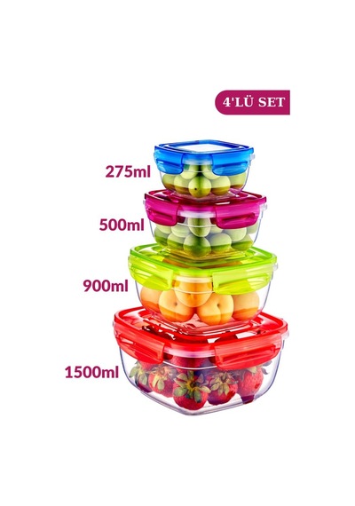 Flosoft Kilitli Kapaklı Kare Erzak Saklama Kabı 4’Lü Set 275 Ml500 Ml900 Ml1500 Ml Çok Renkli