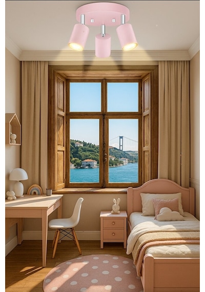 Toz Pembe Üçlü Gu10 Led Spot Başlık Modern Tavan Avize Çocuk Odas Siyah