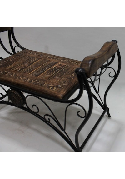 Eskitme Ahşap Ferforje Puf Tabure 64x31x43 Cm. Kna250 Eskitme Siyah