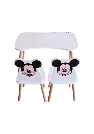 Liva Ahşap Çocuk Aktivite 1 Masa 2 Sandalye Takımı 4-12 Yaş Mickey Mouse Beyaz