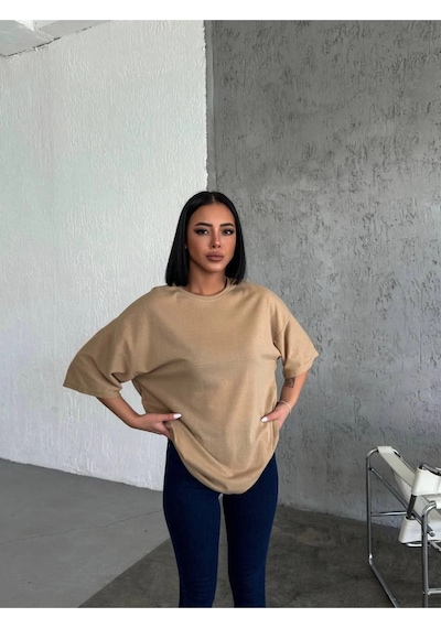 Wear Vexel Kadın Düz T-shirt Kısa Kol Bisiklet Yaka Oversize Rahat Kalıp Günlük Tişört - Bej Bej Wear Vexel Kadın Düz T-shirt Kısa Kol Bisiklet Yaka Oversize Rahat Kalıp Günlük Tişört - Bej Bej
