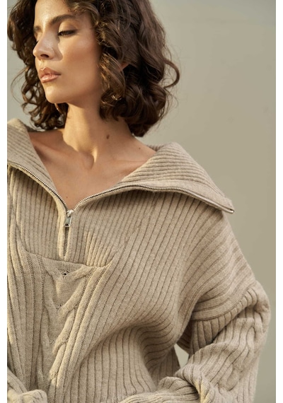 Mai Collection Mai Studios Co. Rika Vizon Saç Örgü Fermuarlı Triko Kazak Vizon
