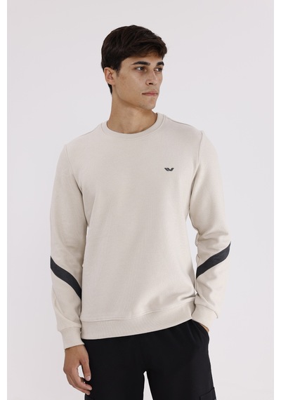 Rowinger Kol Şerit Detaylı Yuvarlak Yaka Göğüs Logolu Rahat Kalıp Mevsimlik Sweatshirt Beıge