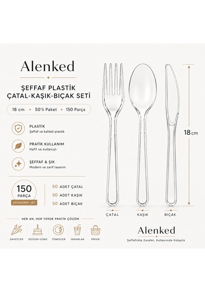 Plastik Şeffaf 18cm Kaşık Çatal Bıçak Seti 50'li - 150 Parça