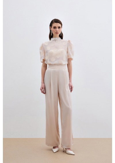 Sateen Organze Kısa Kol Bluz - Bej-135998 Bej