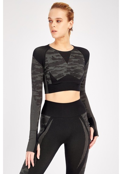 Maraton Active Slimfit Kadın Bisiklet Yaka Uzun Kol Fitness Siyah Crop Top 816013 SIYAH