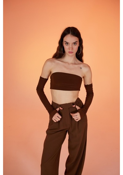 Holly Lolly Straplez Model Kol Detaylı Noir Bluz Kahverengi Kahve