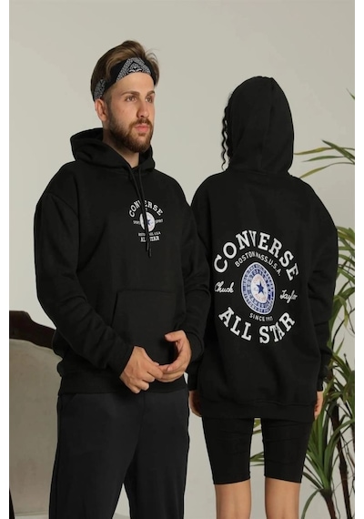 Mbb E-ticaret Erkek Sırt Baskılı Oversize 3 İplik Kapüşonlu Hoodie Sweatshirt - Siyah