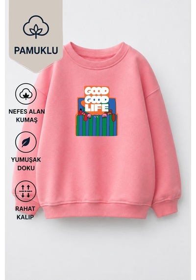 Monila Unisex Çocuk 3 İplik Kumaş Pamuklu Baskılı Sweatshirt Pembe