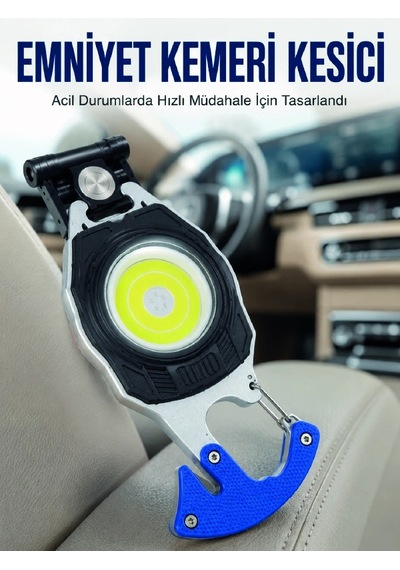 Şarjlı Acil Durum Feneri Elektronik Çakmak Tornavida Ve Emniyet Kemeri Kesicili Taşınabilir El Fener Çok Renkli