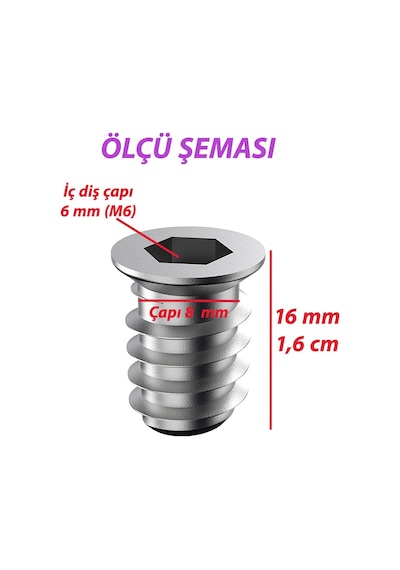 Metal Düz Dişli Dübel Ahşap Dübeli M6 8x16 Diş Çinko Mobilya Bağlantı Ünite Birleştirme 25 Adet