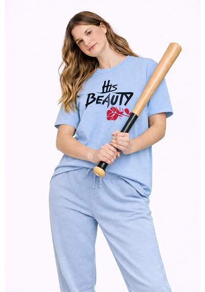 Sevgili Kombini Her Beast His Beauty Oversize Çift Tişört Unisex Mavi