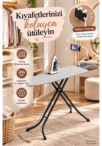 Perilla Alsu Lüx Ütü Masası – Isıya Dayanıklı Kumaş, Buhar Geçirici Geniş Perfore Tablalı Standart Ütü Masası 38*120 cm
