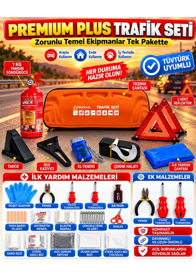 Premium Trafik Ve İlk Yardım Seti Tüvtürk Muayene Uyumlu Ce Belgeli Abc 1kg Yangın Söndürücü Ve E Belgeli Reflektör-turuncu