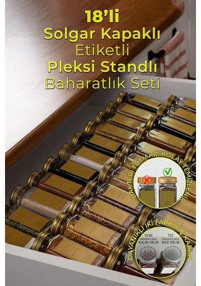 Şeffaf Pleksi Standlı 18'li Cam Baharatlık Seti, Gold Kapak Ve Etiketli Baharatlık Takımı Mh02gld18 Diğer