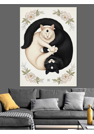 Ahşap Tablo Yin Yang Kedi Felsefesi Hayvan Tabloları