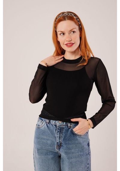 Ge Ticaret Transparan Siyah Tül Basic Bluz Siyah