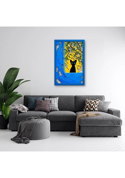 Çiçekli Pencerede Siyah Kedi Metal Tablo 33x50 Cm Çok Renkli
