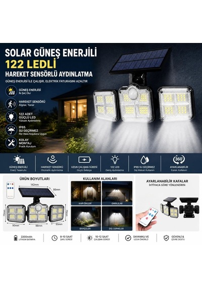 Buffer 3'lü 122 Ledli Güneş Enerjili Hareket Sensörlü Aydınlatma, Dış Mekan Duvar Ve Bahçe Lambası Solar Le 11