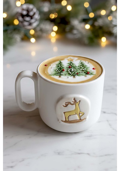 Rivaistanbul Geyik Amore 24 K Altın Süslemeli El Yapımı Yılbaşı Hediyesi Seramik Double Kahve Fincanı, Mug, Kupa Beyaz